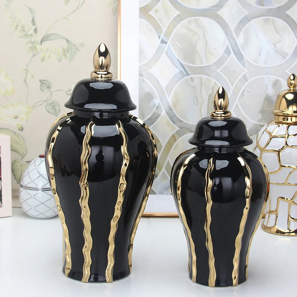 Afralia™ Black Gold Ceramic Pot Vintage Bottle Flower Vase Home Decoration