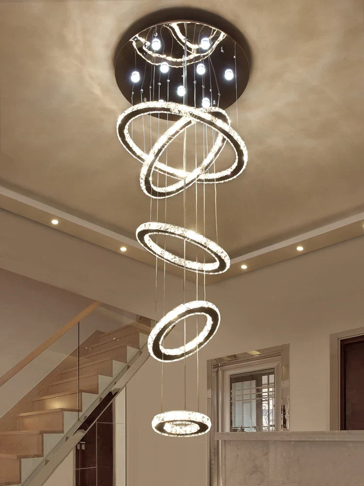 Afralia™ Chrome Rings Crystal Chandelier: Modern Luxury Staircase Lighting for Villa Lobby Fixtures