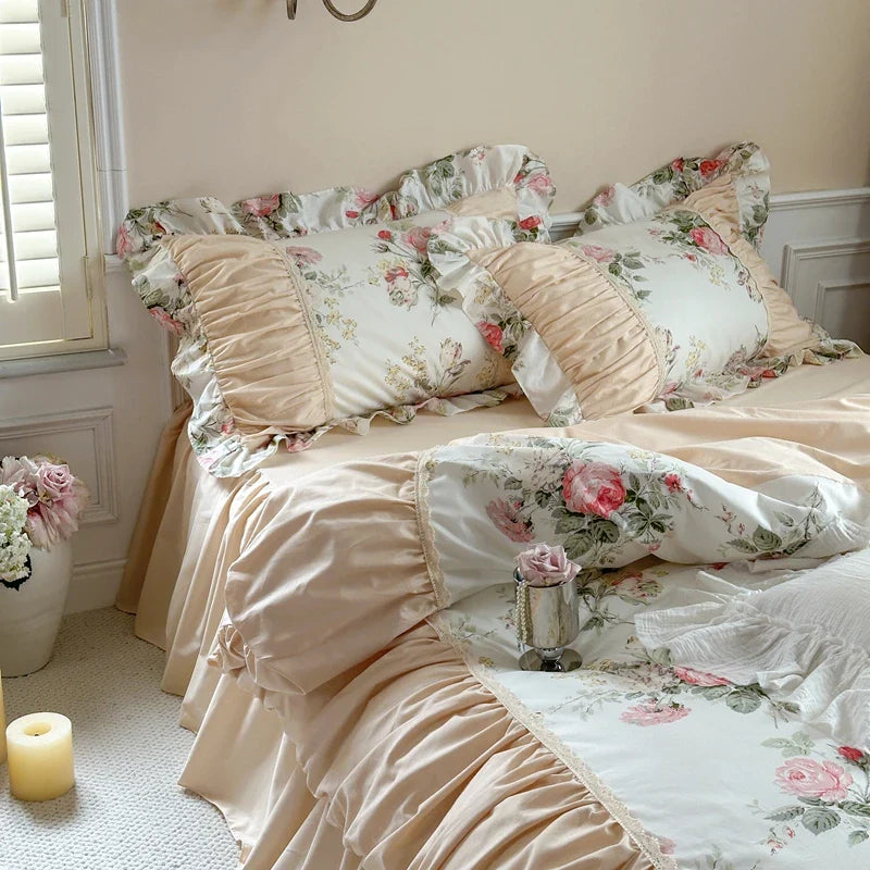 Afralia™ Korean Princess Style Floral Cotton Bedding Set with Ruffles