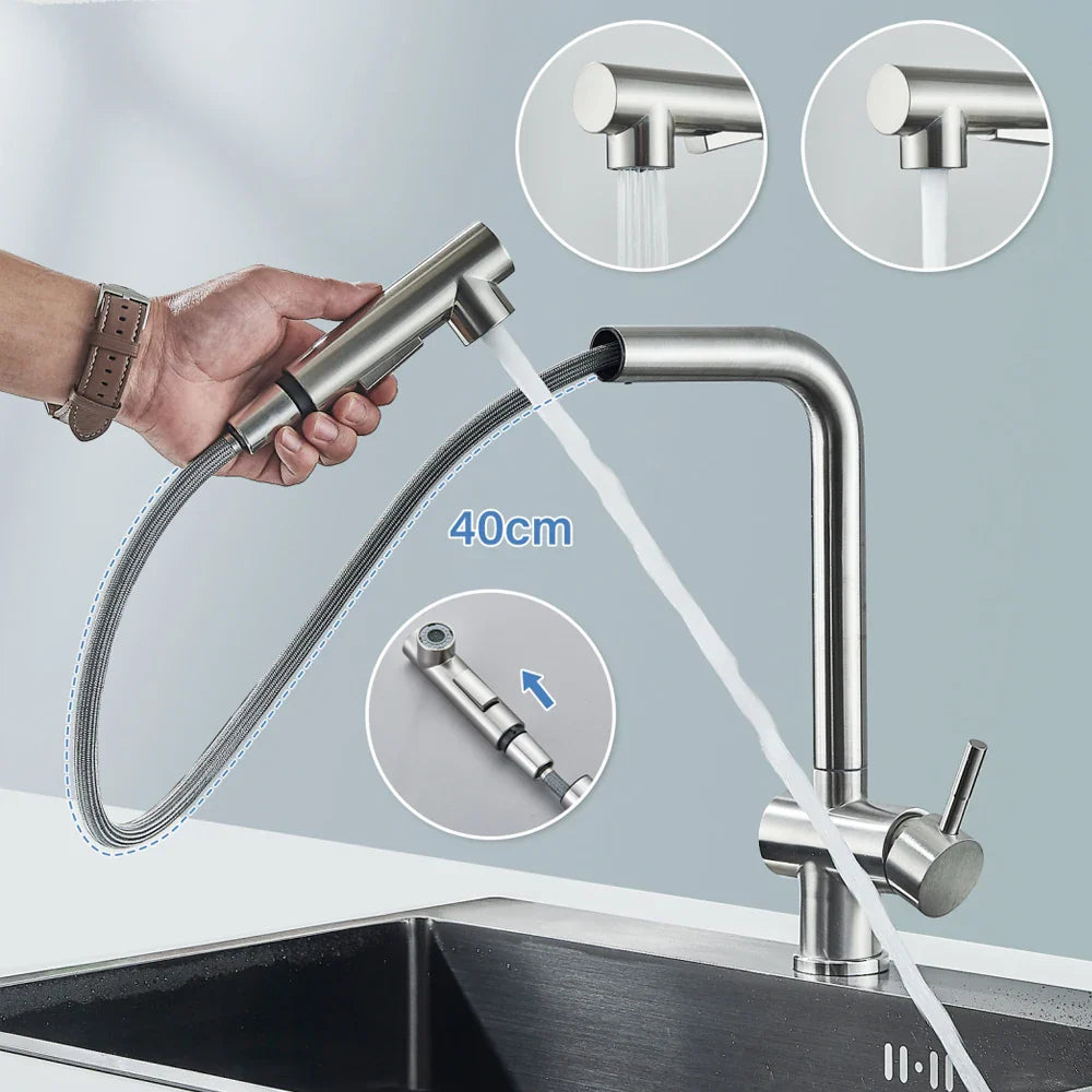 Afralia™ Brushed Nickel Pull Out Kitchen Faucet Stainless Steel Tap Deck Install