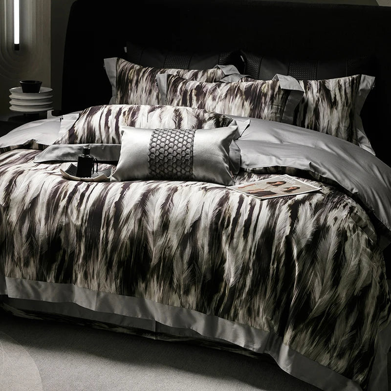 Afralia™ Feather Leopard Print Luxury 1000TC Egyptian Cotton Bedding Set