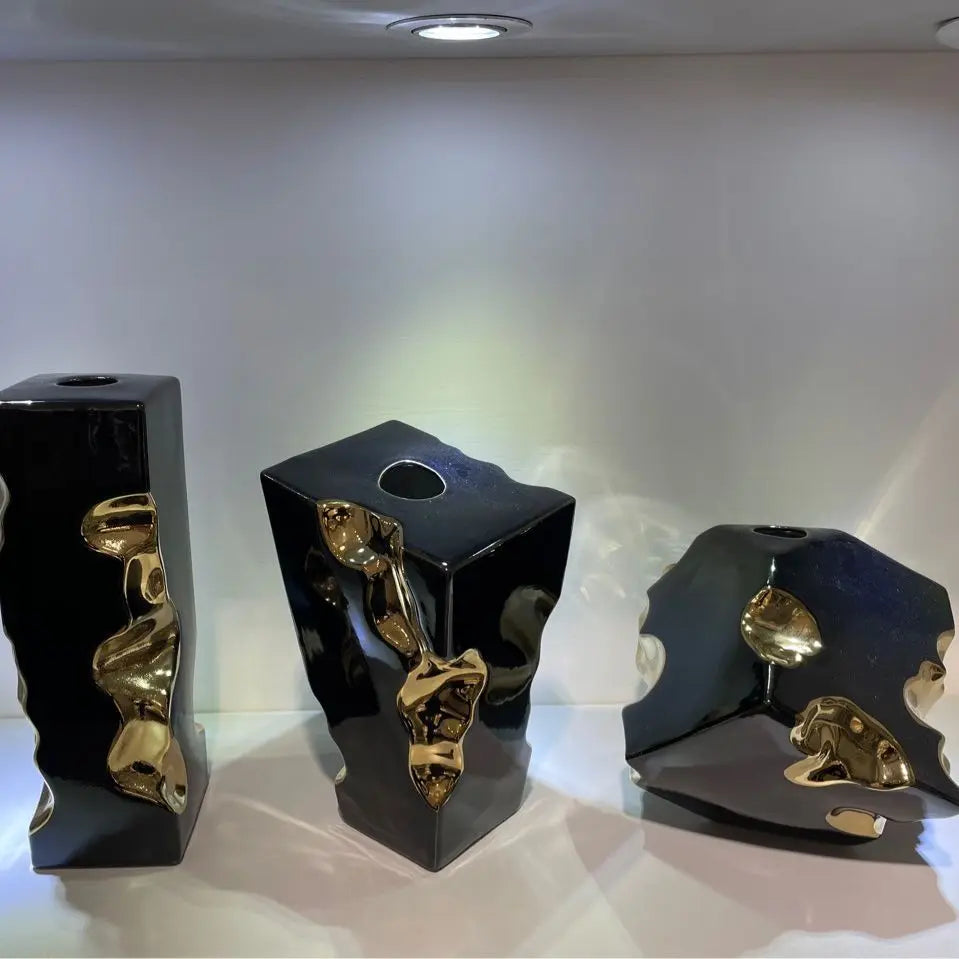 Afralia™ Golden Notch Ceramic Vase Geometric Square Design Home Decor Accessory