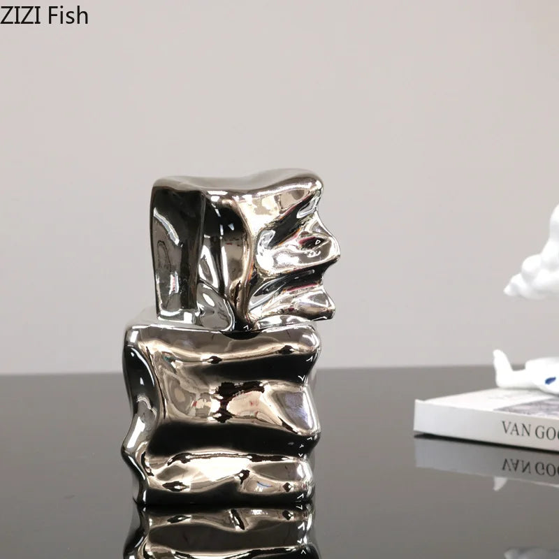 Afralia™ Silver Plated Geometric Cube Sculpture Room Decor