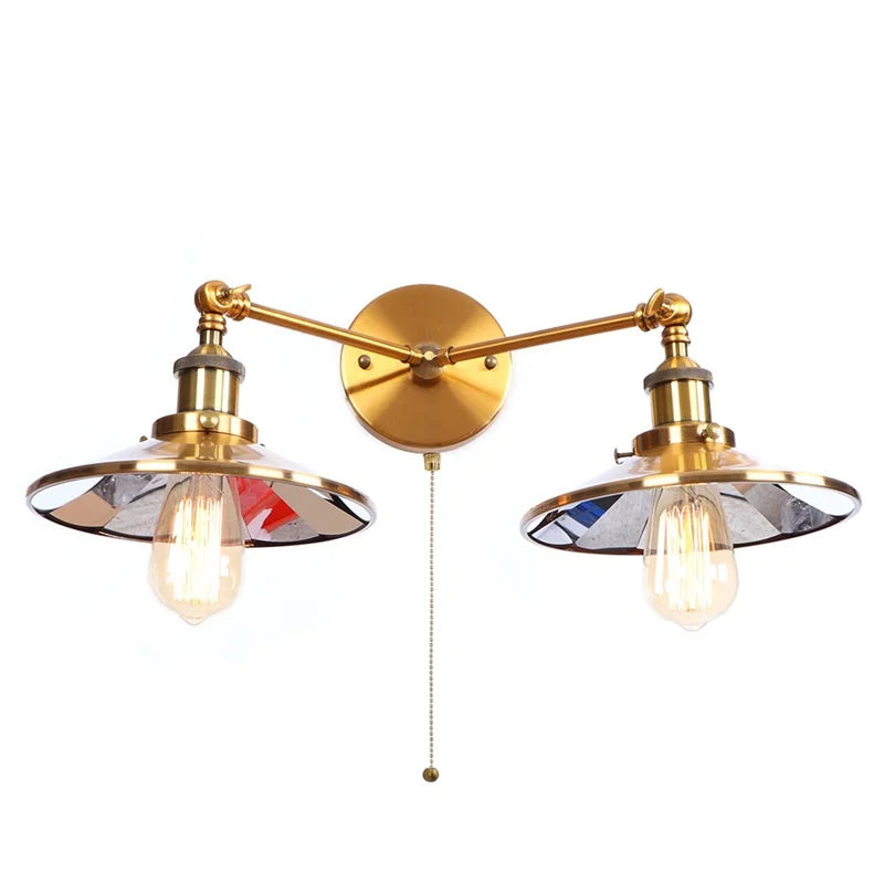 Afralia™ Vintage Gold Industrial Wall Lights with Pull Chain Switch and 2 Heads