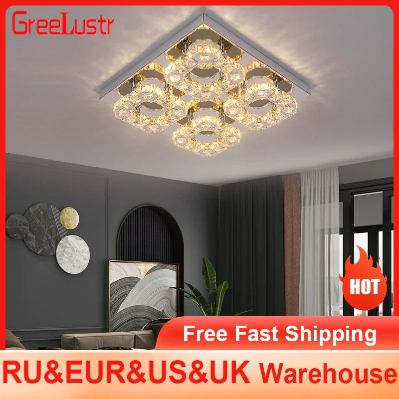 Afralia™ Crystal LED Ceiling Light: Modern Square K9 Chandeliers, Dimmable Stainless Steel Fixture.