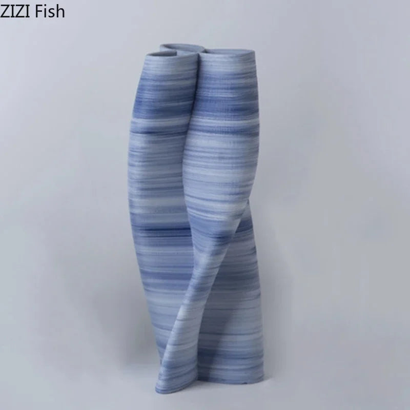 Blue Stripes Ceramic Vase, Afralia™ Twist Knot Design, Creative Floral Table Decor