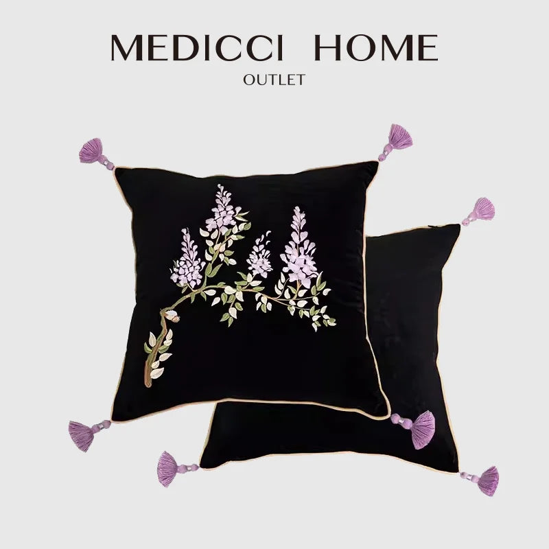 Afralia™ Botanical Wisteria Embroidered Cushion Cover with Tassel