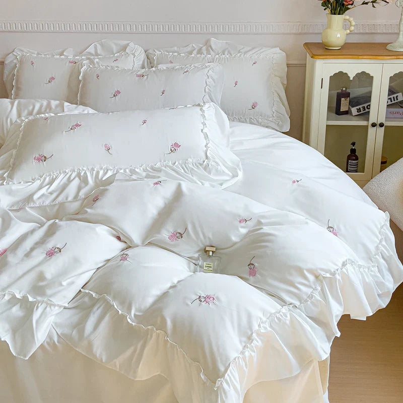 Afralia™ Korean Princess Rose Flowers Lace Ruffles Bedding Set - Soft Cotton Duvet Cover