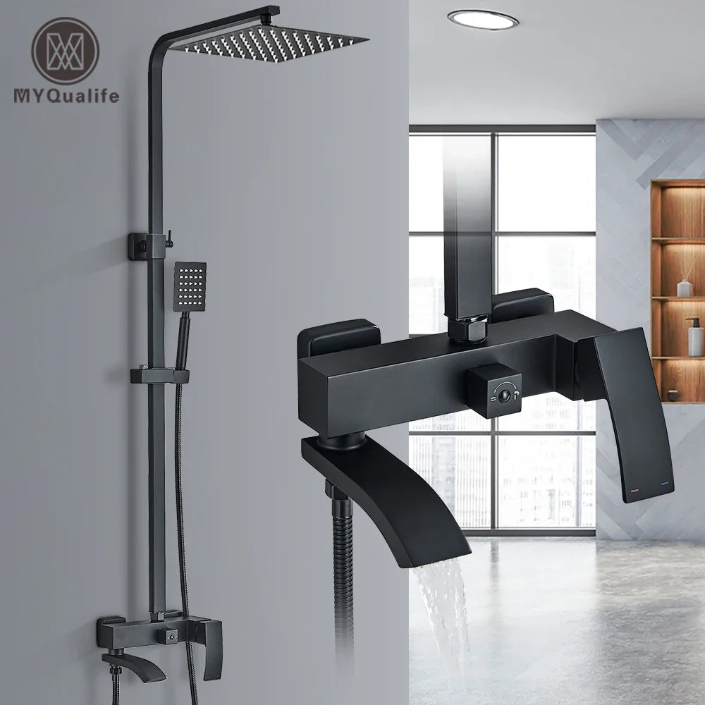 Afralia™ Matte Black Rainfall Shower Faucet Set with Stainless Steel Spout
