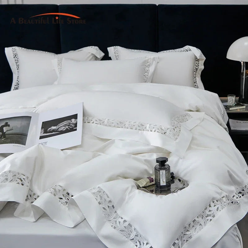 Afralia™ 1200TC Egyptian Cotton Bedding Set with Hollow Lace Broad Side