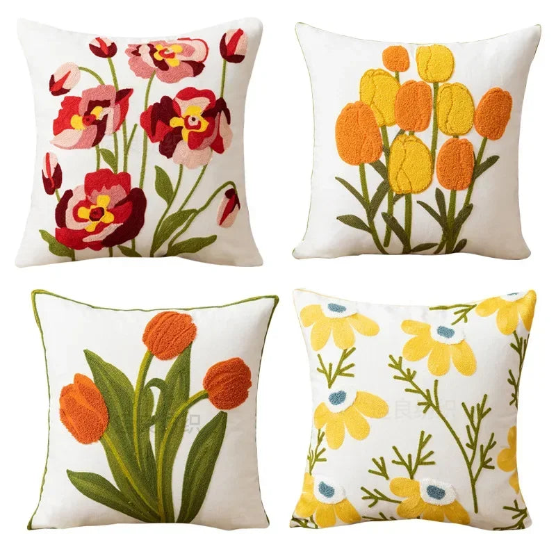 Afralia™ Floral Embroidered Pillow Cases: American Countryside Plant Decor Cover