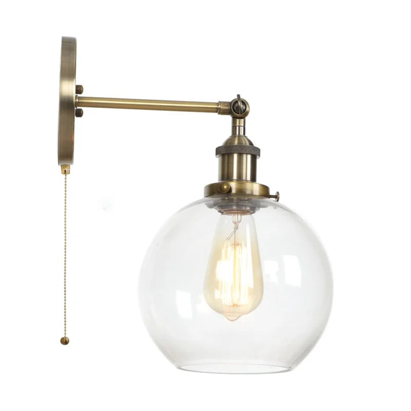 Afralia™ Vintage Glass LED Wall Sconce Iron Pull Chain Switch Light