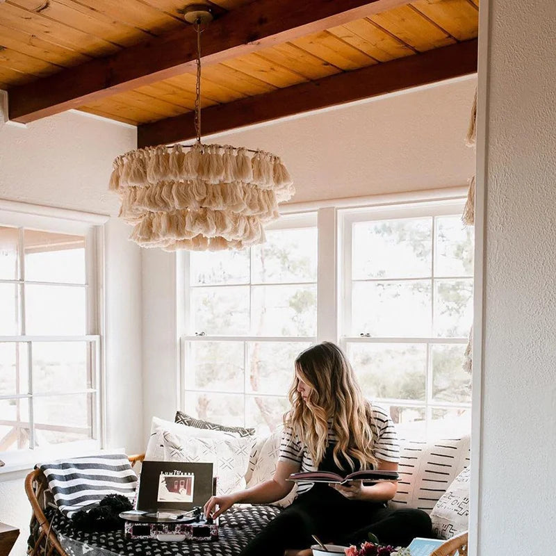 Afralia™ Tassel Chandelier: Woven LED Boho Lamp for Dining Bedroom Kitchen Island
