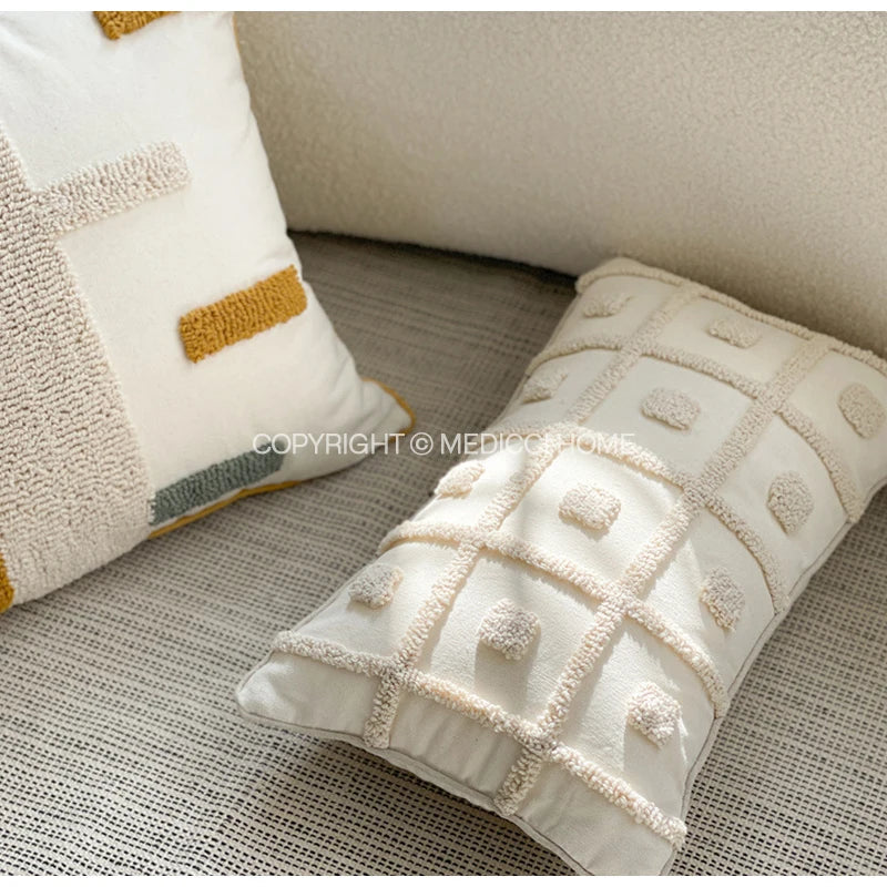 Afralia™ Wabi Sabi Style White Cotton Canvas Lumbar Pillow Cover 30x50cm