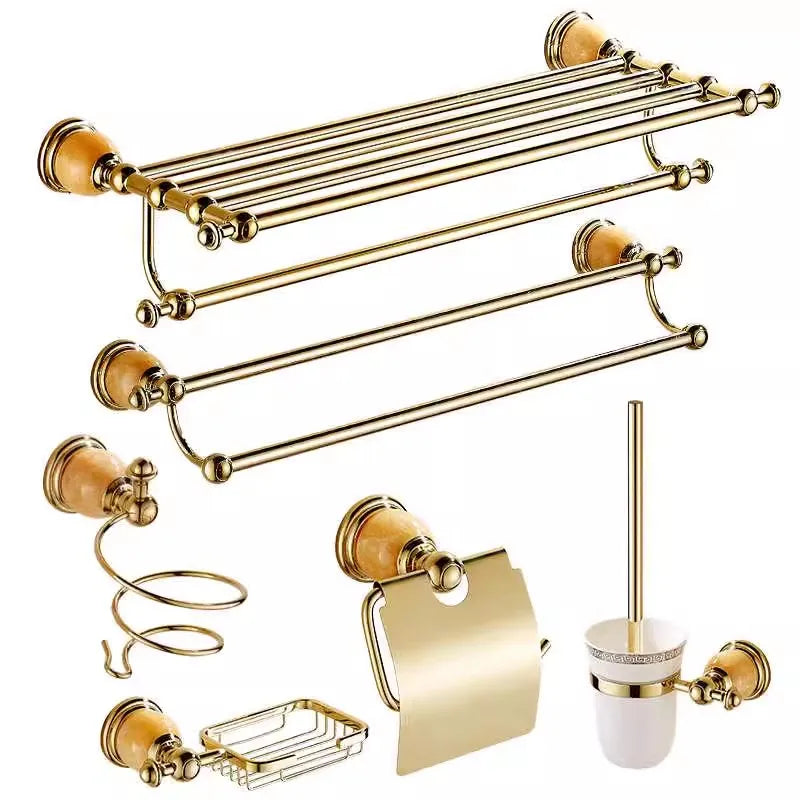 Afralia™ Brass Jade Bathroom Accessories Set: Towel Bar, Soap Holder, Towel Rack, Glass Shelf