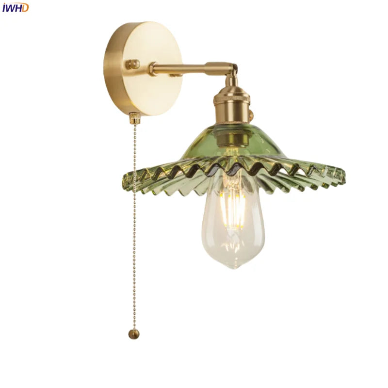 Afralia™ Green Glass LED Wall Light Fixture | Modern Nordic Pull Chain Lamp