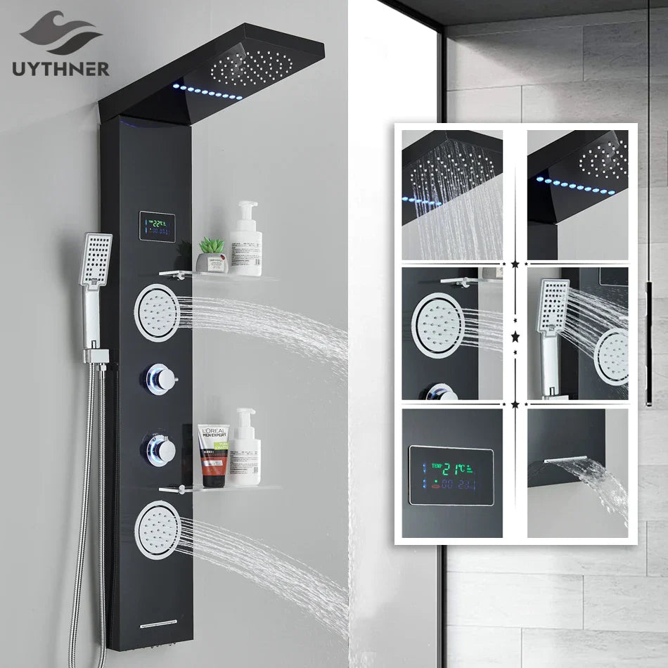 Afralia™ LED Rainfall Shower Panel Set with Temperature Screen System and Hand Sprayer
