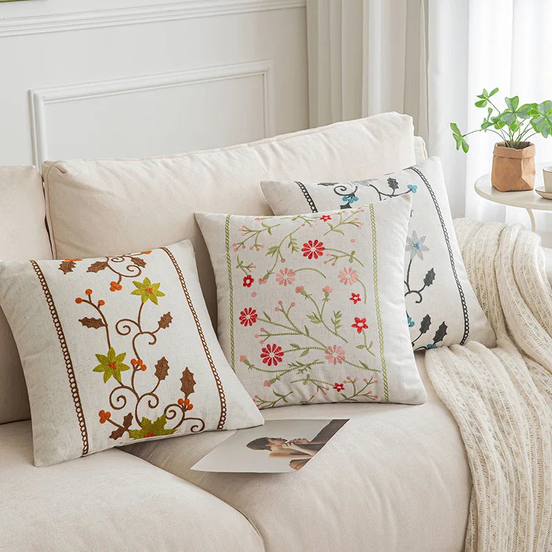 Afralia™ Vintage Floral Embroidered Cushion Cover 45x45cm Home Decor Cotton Linen Square Pillow Case