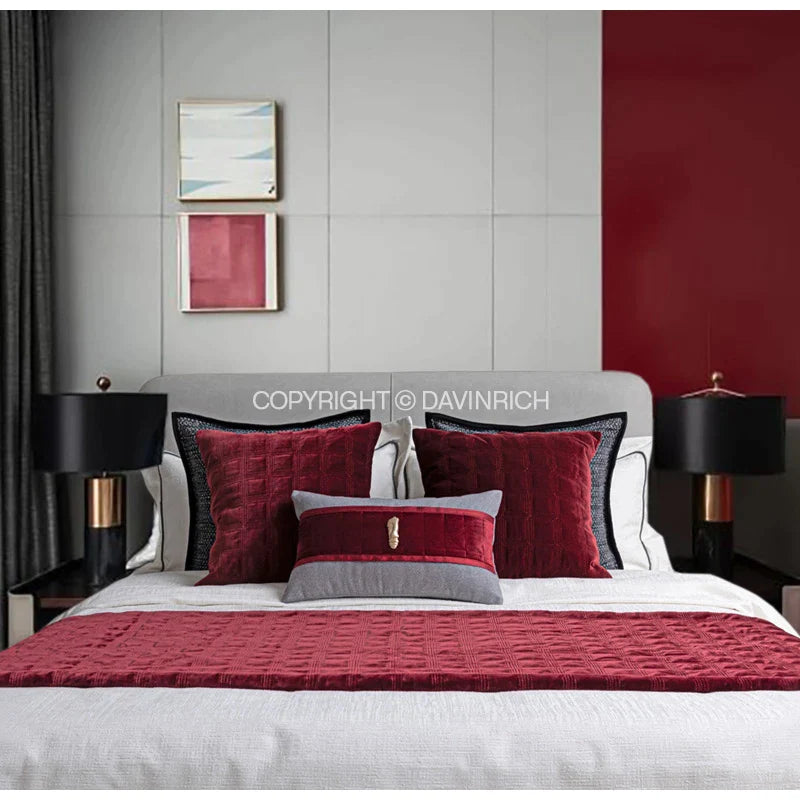 Afralia™ Burgundy Velvet Geometric Embroidered Bed Runner Luxury Bedroom Hotel Wedding