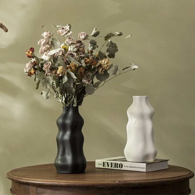 Afralia™ Ceramic Face Vase Black White Irregular Grooves Flower Terrarium Decor