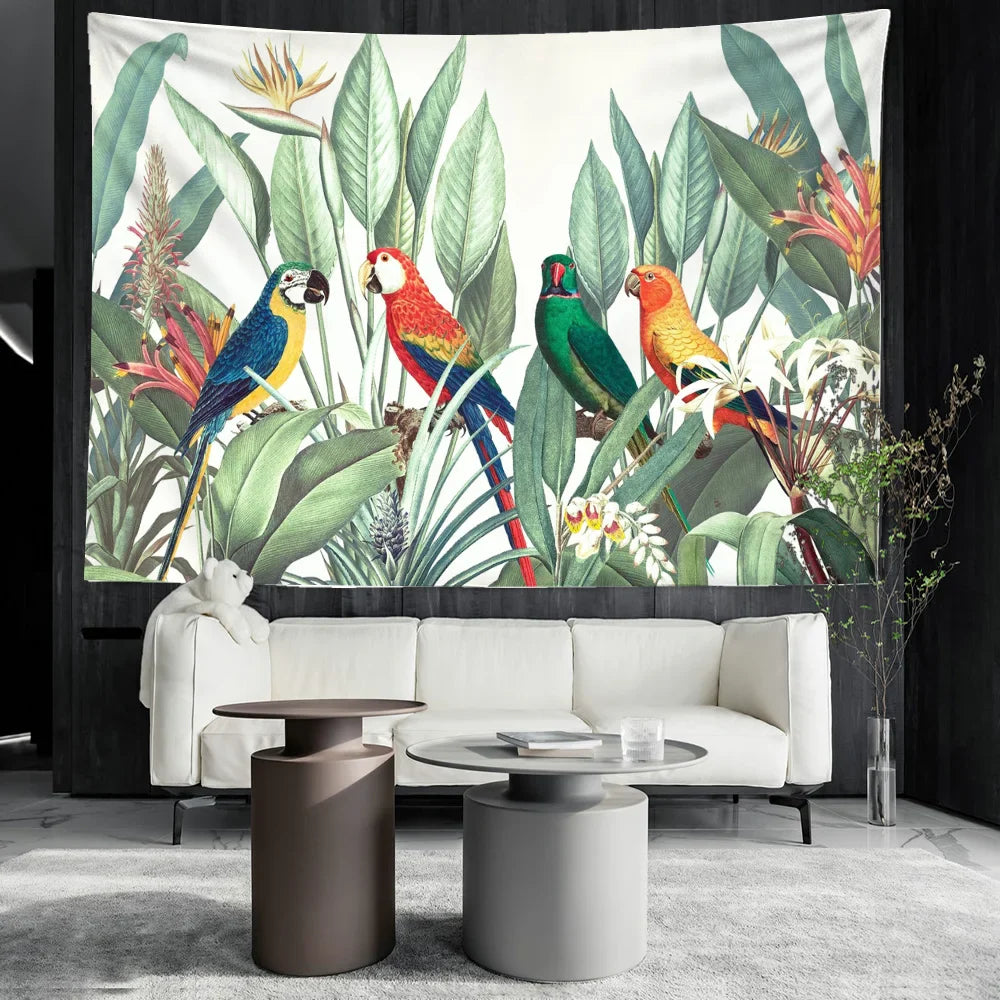Afralia™ Tropical Palm Parrot Tapestry Wall Hanging - Beach Wall Cloth Carpet