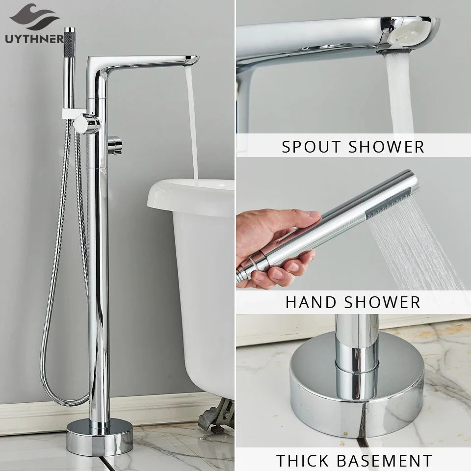 Afralia™ Dual Handle Black Waterfall Bathtub Faucet Floor Standing Set for Bathroom