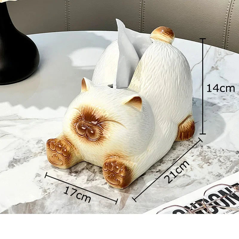 Afralia™ Cartoon Siamese Kitten Ceramic Tissue Box for Coffee Table and Desk