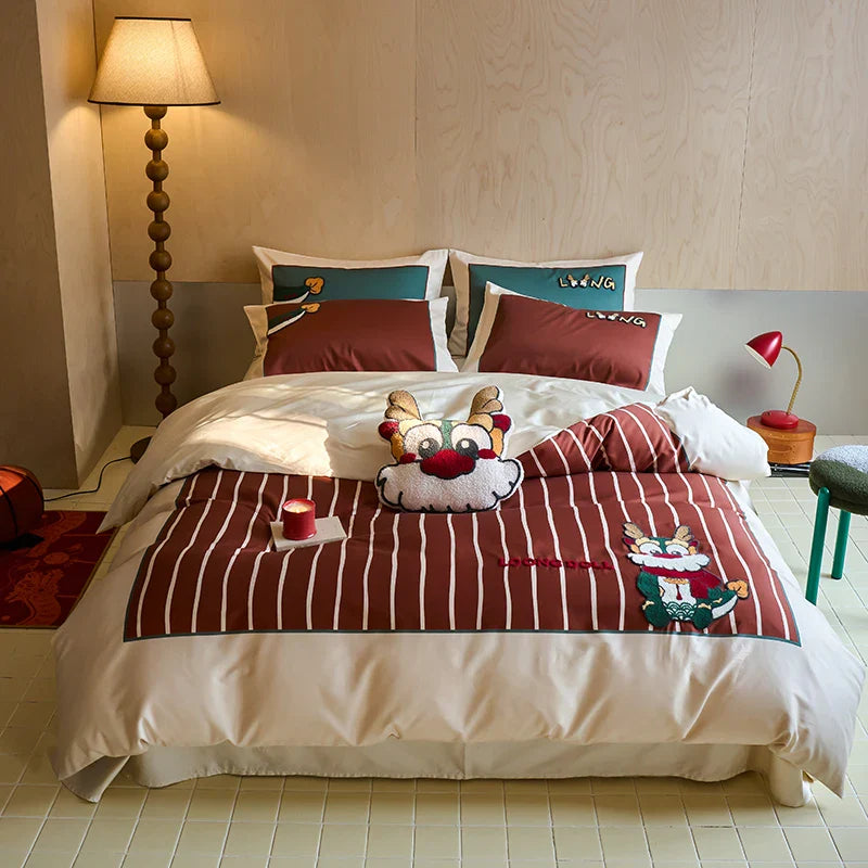 Afralia™ Chinese Embroidered Cotton Bedding Set: King Size Duvet Cover, Sheet, Quilt Cover