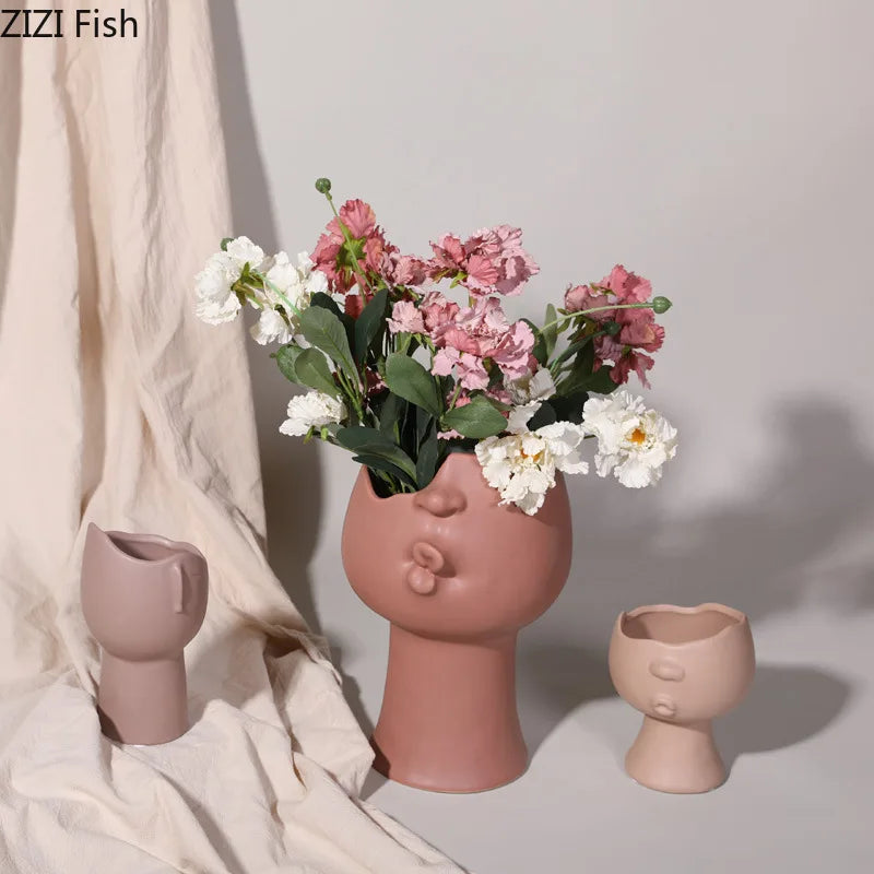 Afralia™ Abstract Face Ceramic Vase for Table Flowers Decoration