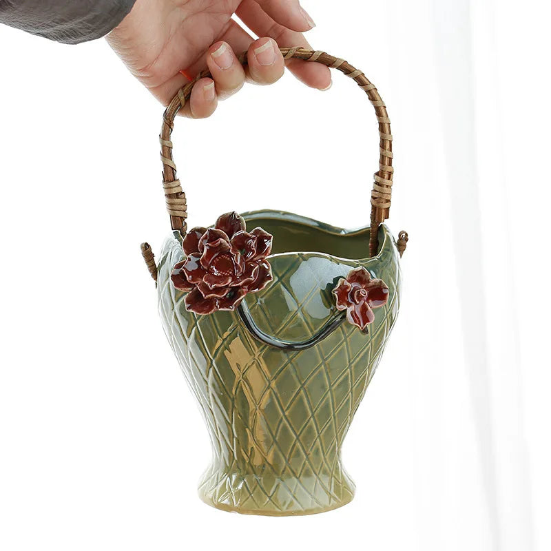 Afralia™ Rattan Hand Flower Basket Vase Succulent Plant Pots Stoneware Garden Decor