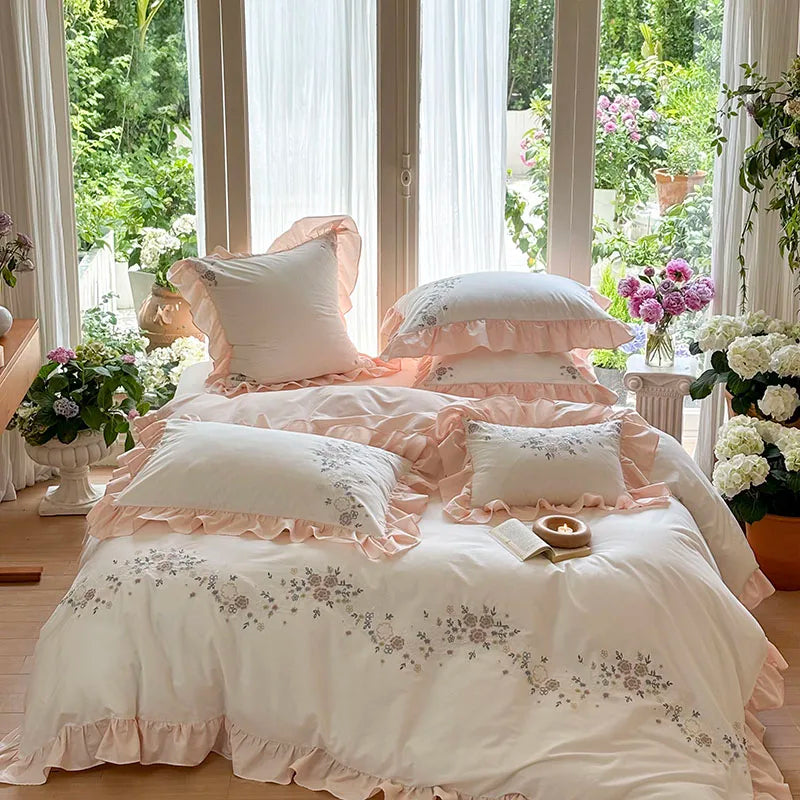 Afralia™ Korean Princess Lace Ruffles Flowers Embroidery Bedding Set with 100% Cotton Quality.