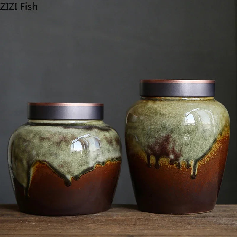 Afralia™ Colored Glaze Ceramic Tea Canister Jar Desk Decoration Candy Pot