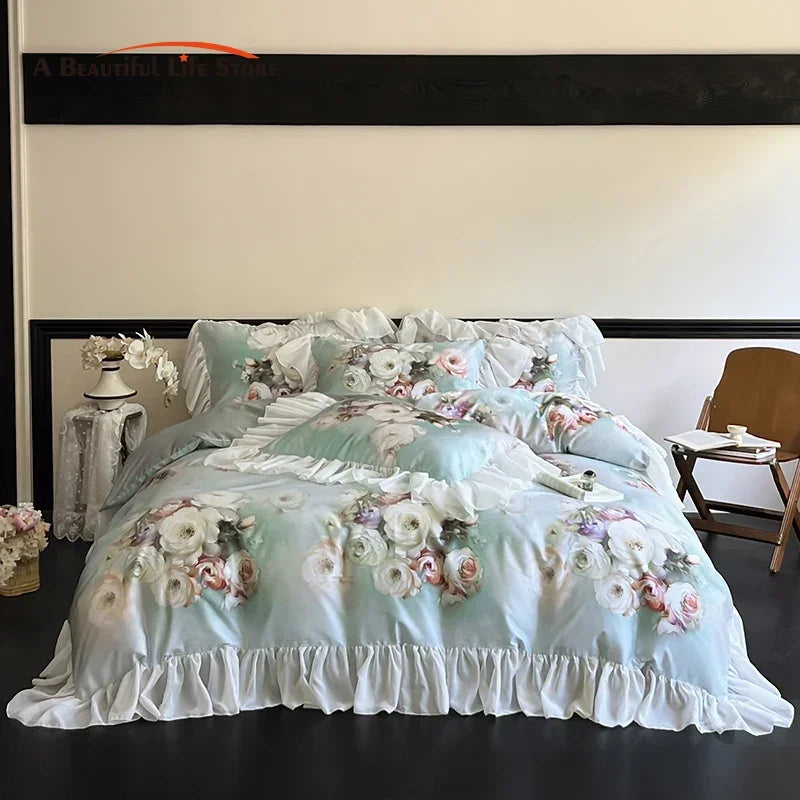 Afralia™ French Flowers Lace Ruffles Bedding Set: Soft Silky Ice Silk for Single Queen King