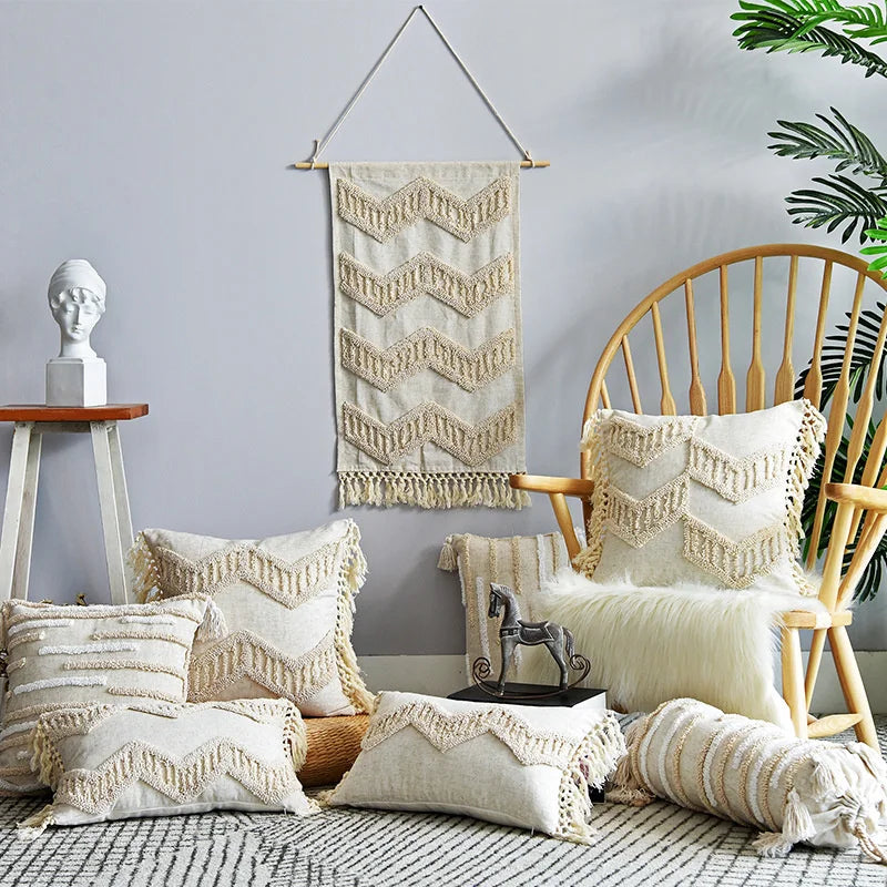 Afralia™ Boho Nordic Tassel Pillow Case - Beige Cotton Linen Cushion Cover
