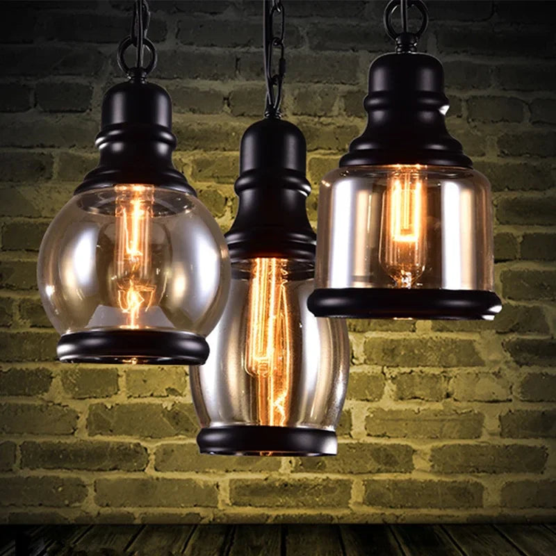 Afralia™ Vintage Industrial Iron Chandelier E27 Pendant Light with Amberglass