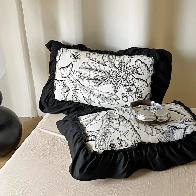 Afralia™ French Vintage Black Ruffles Duvet Cover Set with Pillowcases, Nordic Luxury Flowers Plant Bedding Set