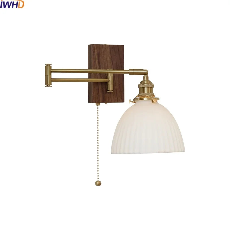 Afralia™ Ceramic Walnut LED Wall Lights for Modern Bedroom Living Room, Pull Chain Switch