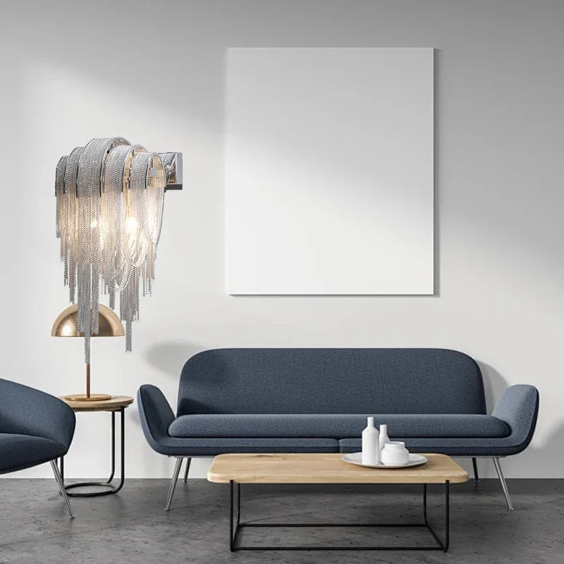 Afralia™ Chrome Chain Tassel Wall Sconce - Luxe Living Room Decor Fixture