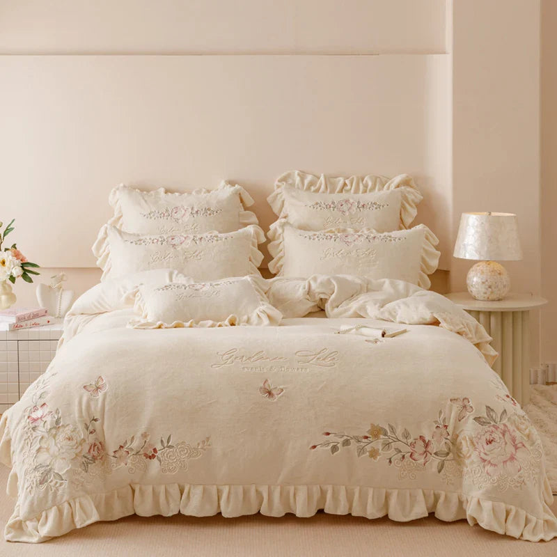 Afralia™ Butterflies & Flowers Embroidery Ruffles Princess Bedding Set - 4Pcs