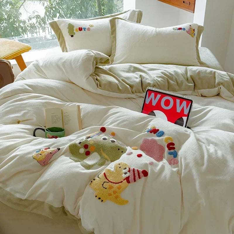 Afralia™ Embroidered Milk Fleece Winter Bedding Set for Warmth & Cozy Comfort