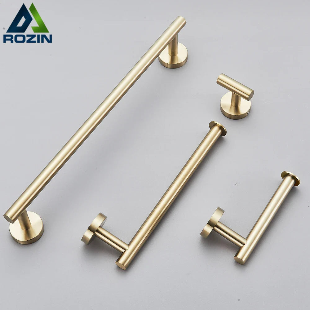 Afralia™ Brushed Gold Bathroom Accessories Set: Towel Rail, Paper Holder, Hook, Stainless Steel