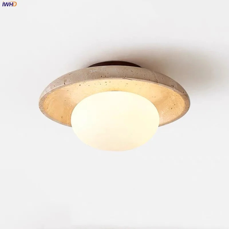 Afralia™ Glass Ball LED Ceiling Light, Japan Style, Yellow Travertine, Restaurant Reading Décor