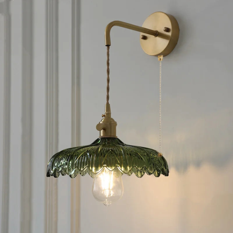 Afralia™ Amber Vintage LED Wall Light Glass Copper Pull Chain Switch for Bedroom