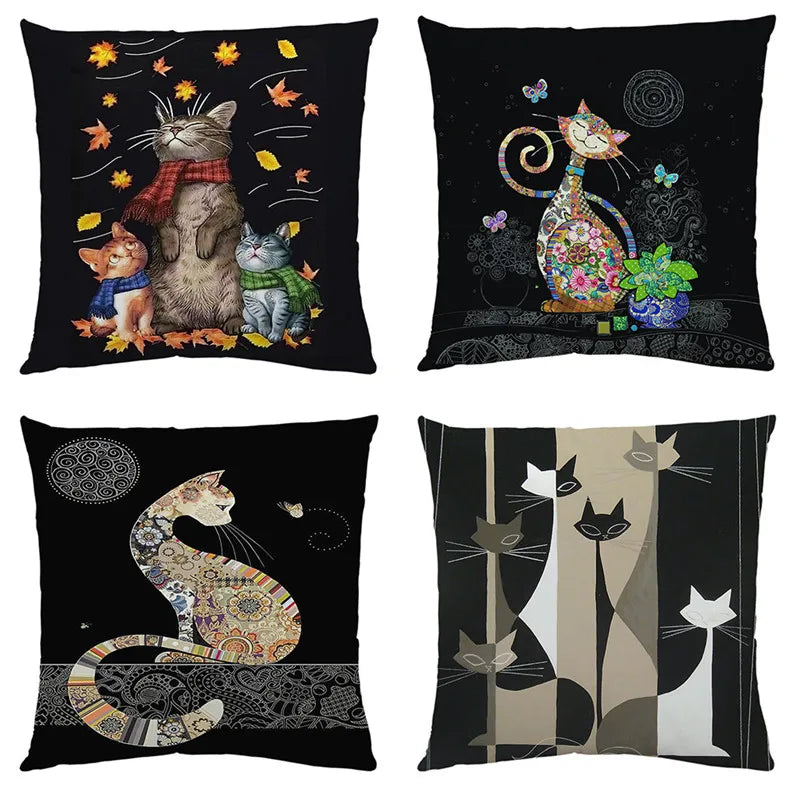 Afralia™ Cat Print Black Short Plush Pillowcase for Modern Living Room Décor