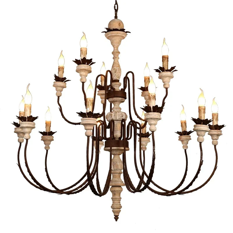 Afralia™ Retro Craft Solid Wood Heads Chandelier for Living Room Farmhouse Church Villa