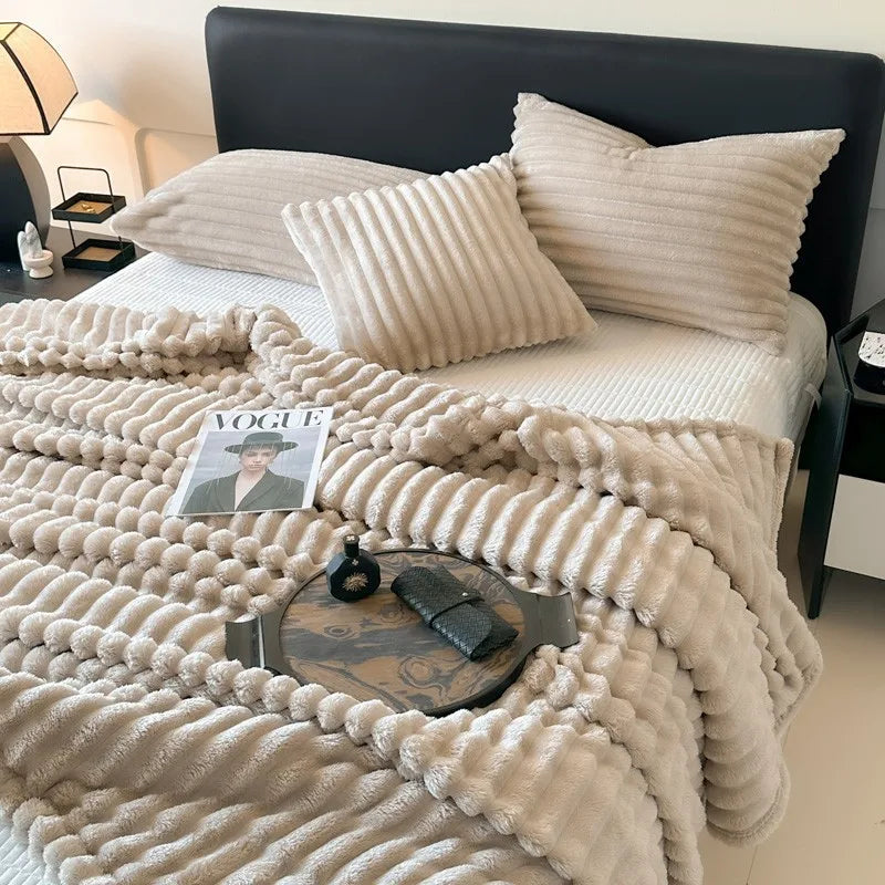 Afralia™ Cozy Coral Fleece Striped Solid Blanket for Winter Sofa Cover Queen King Sizes