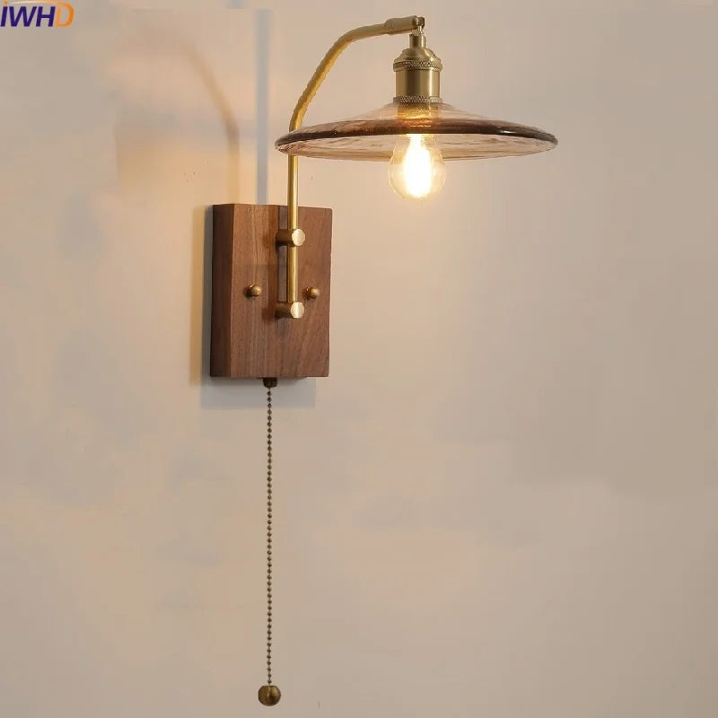 Afralia™ Copper Glass LED Wall Lights Pull Chain Switch Bedside Lamp for Bedroom Living Room