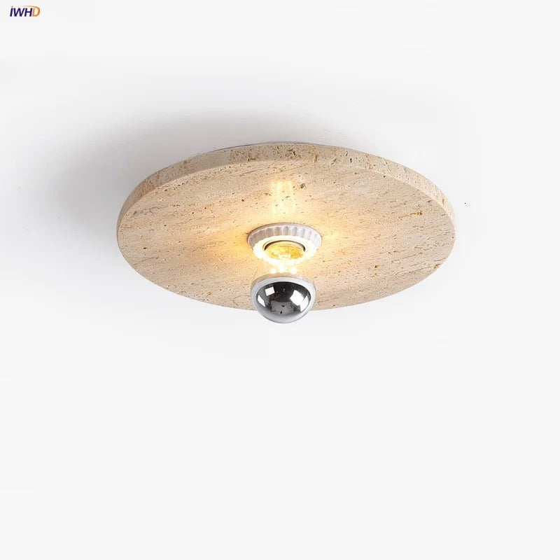 Afralia™ Natural Yellow Travertine Edison LED Ceiling Lights with Wood Canopy
