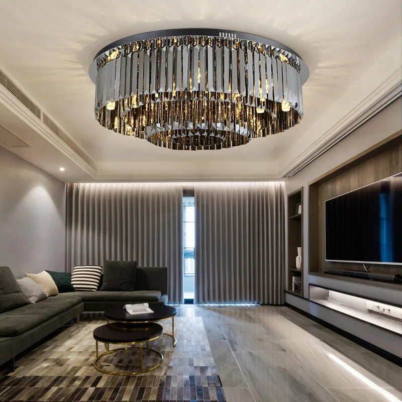 Afralia™ Smoky Grey Crystal Ceiling Light for Living Room Bedroom LED Ambiance