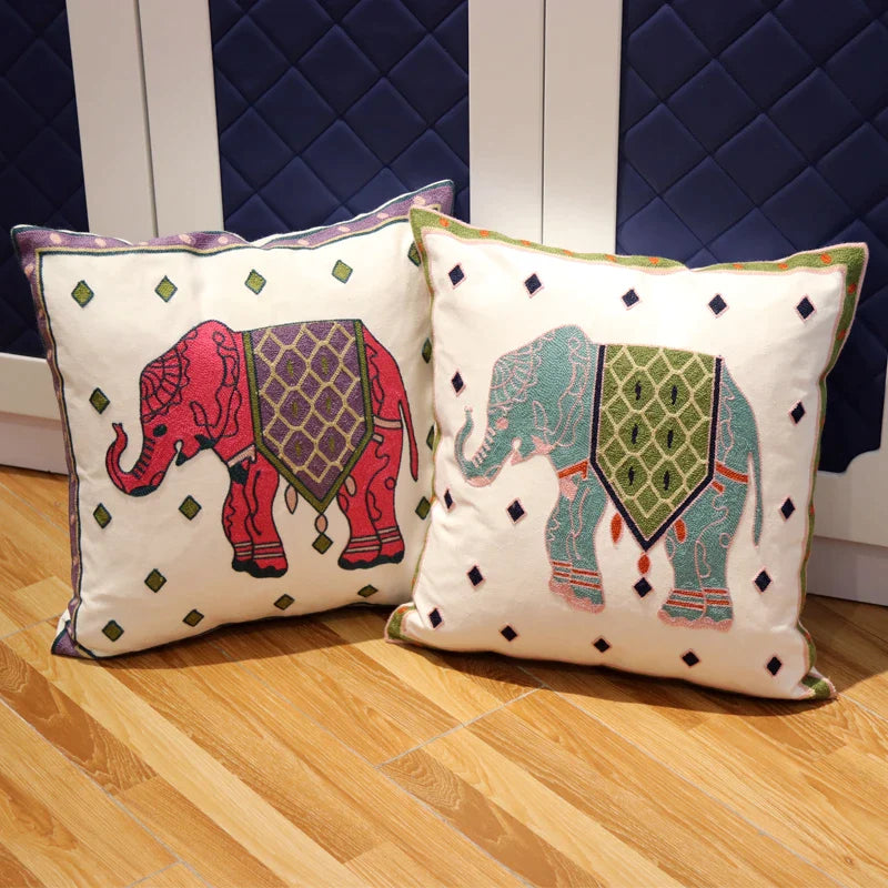 Afralia™ Ethnic Flower Elephant Pillowcase, Hand-Embroidered Boho Cushion Cover